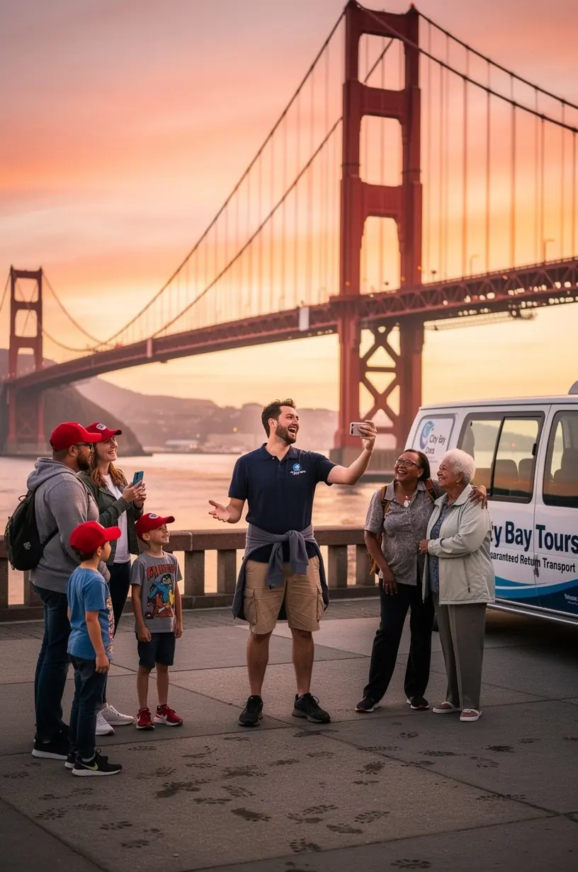 Группа туристов наслаждается экскурсией по городу США с фиксированным временем пребывания и комфортным транспортом.